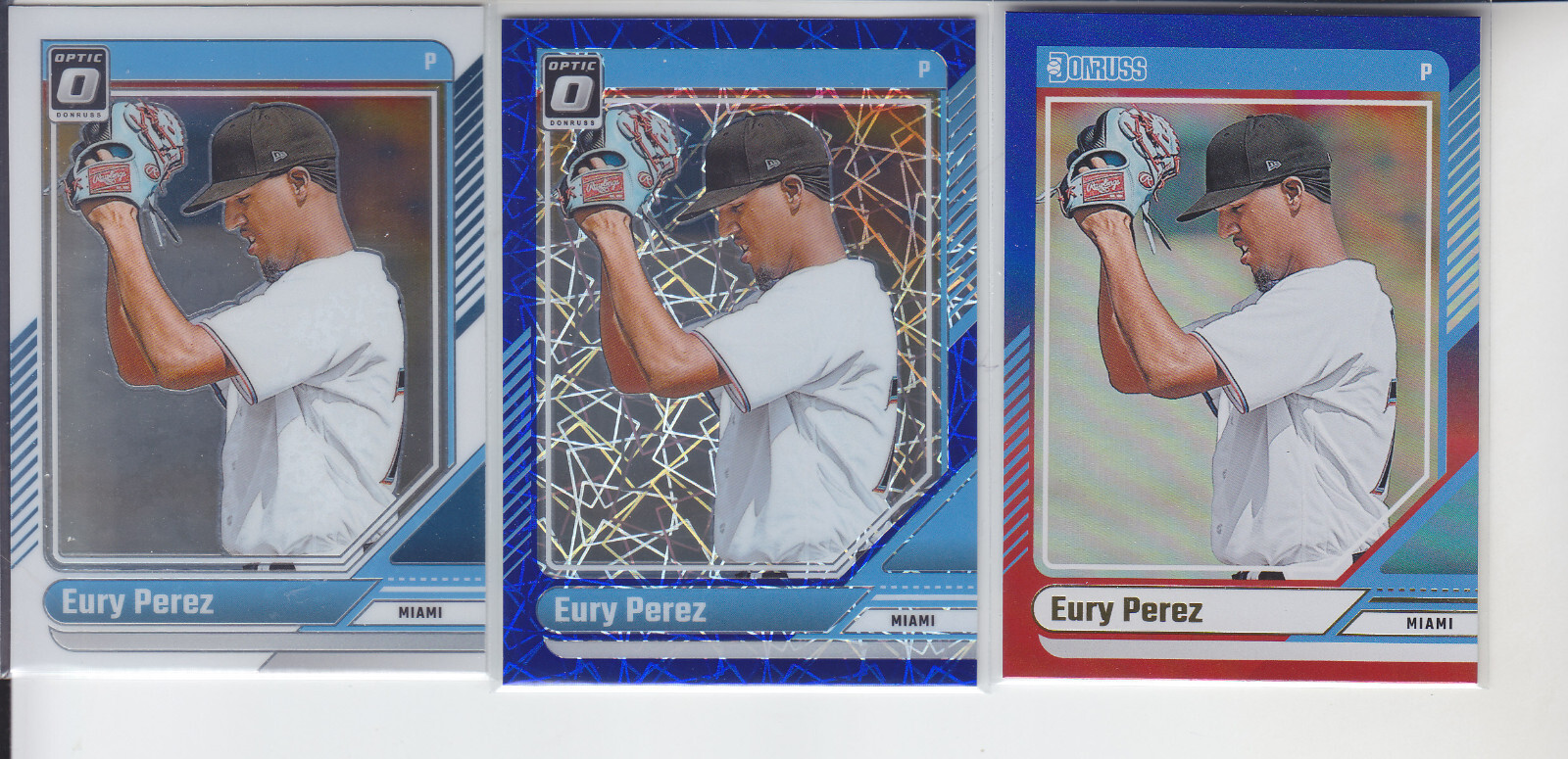 (3) 2024 Donruss Eury Perez Optic + Blue Velocity + Red Blue Marlins #19