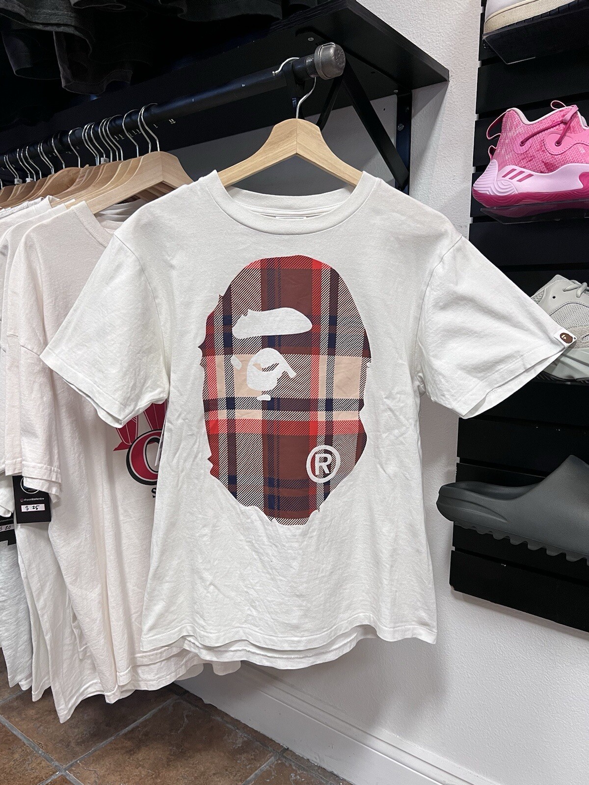 BAPE - Burberry Plaid Ape - White Tee - Size Small - PreLoved- Authentic -