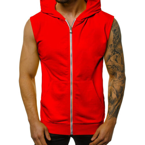 Men's Sleeveless Workout Hoodies Zip Up Tank Top Gym Bodybuilding Hooded Shirts - Picture 14 of 16