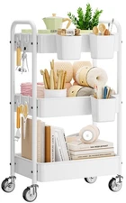 YASONIC 3-Tier Metal Rolling Cart White, Locking Wheels, Mesh Shelves, Hooks