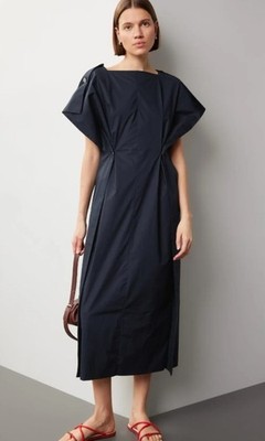 Plan C Back Button Dress Navy Blue Midi Short Sleeve Minimalist Size 42 US 8