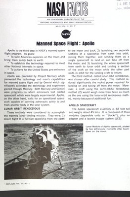Manned Space Flight: Apollo; NASA Facts, an educational publication of the Natio