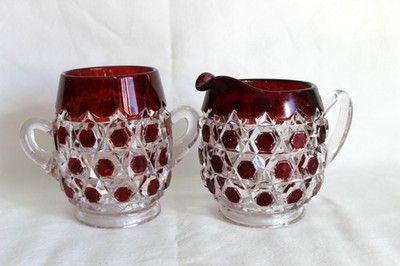 EAPG Ruby Red Block Pattern Open Sugar Dish and Creamer Pitcher