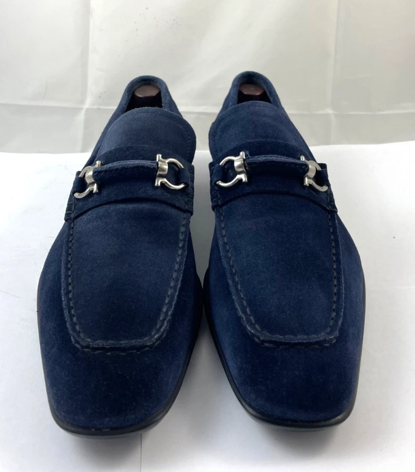 Ferragamo Talla 8.5 D Gancini Bits Gamuza Cuero Mocasines Zapatos Azul $750 Foto 2 de 4