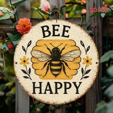 Bee Happy Round Tin Metal Signs Home D cor Rustic Farmhouse Wall with Bee Flora
