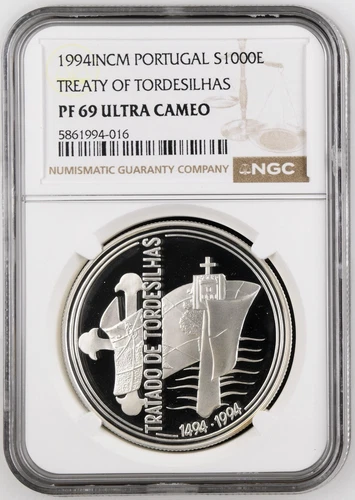 1994-INCM Portugal S$1000 Escudos Silver TREATY OF TORDESILHAS NGC PF 69 UC