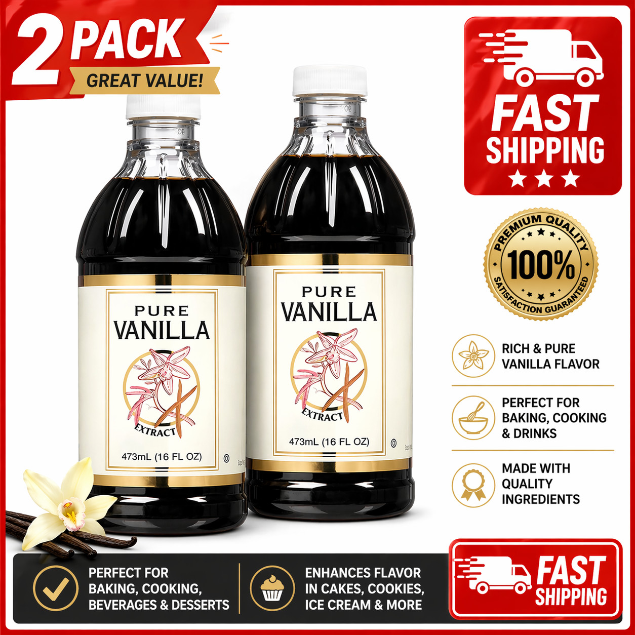 2PACK Kirkland Pure Vanilla Extract NEW  Larger 16 fl oz , r