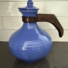 Vintage Bauer Los Angeles Blue Jug & Lid w/ Wood Handle Pottery Coffee Server