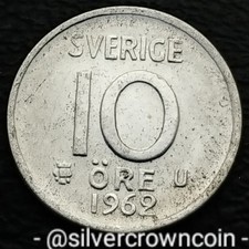 Sweden 🇸🇪 10 Ore 1962 U. KM#823. Silver Dime. Ten Cents coin. King Gustaf Vl.