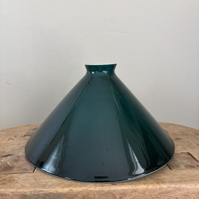 VTG Dark Green Glass Cone Pendant Lamp Light Shade White Interior Read