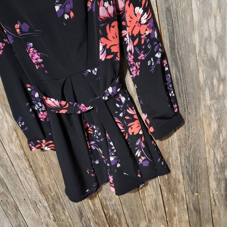 Rachel Roy 14 Women's Mini Dress Wrap Tie Belt Black Floral Long Sleeve V Neck - Image 4 of 4