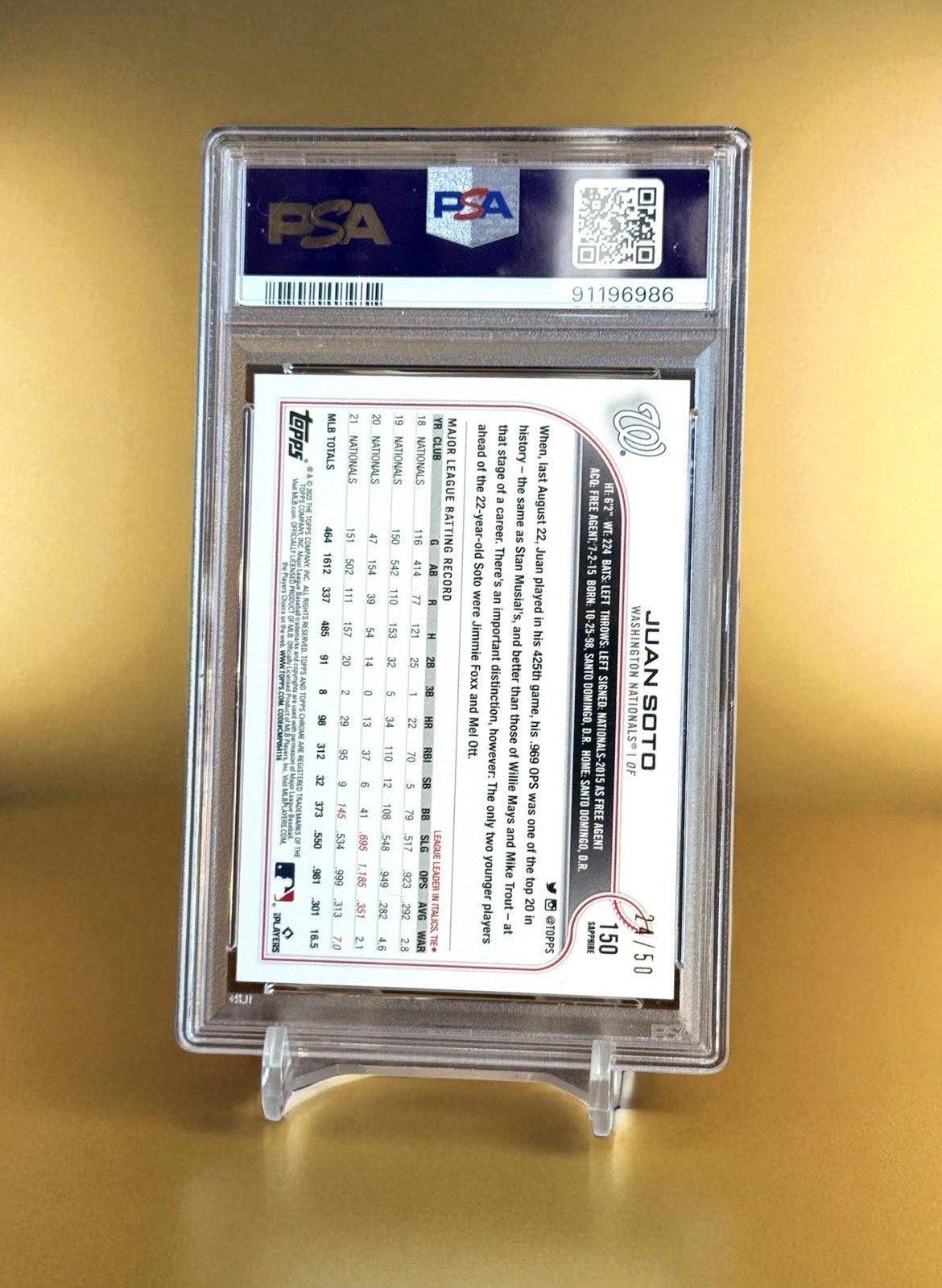 Juan Soto Gold Sapphire Refractor /50 Bat Flip PSA 10 POP 3 Topps 2022 Chrome view 2