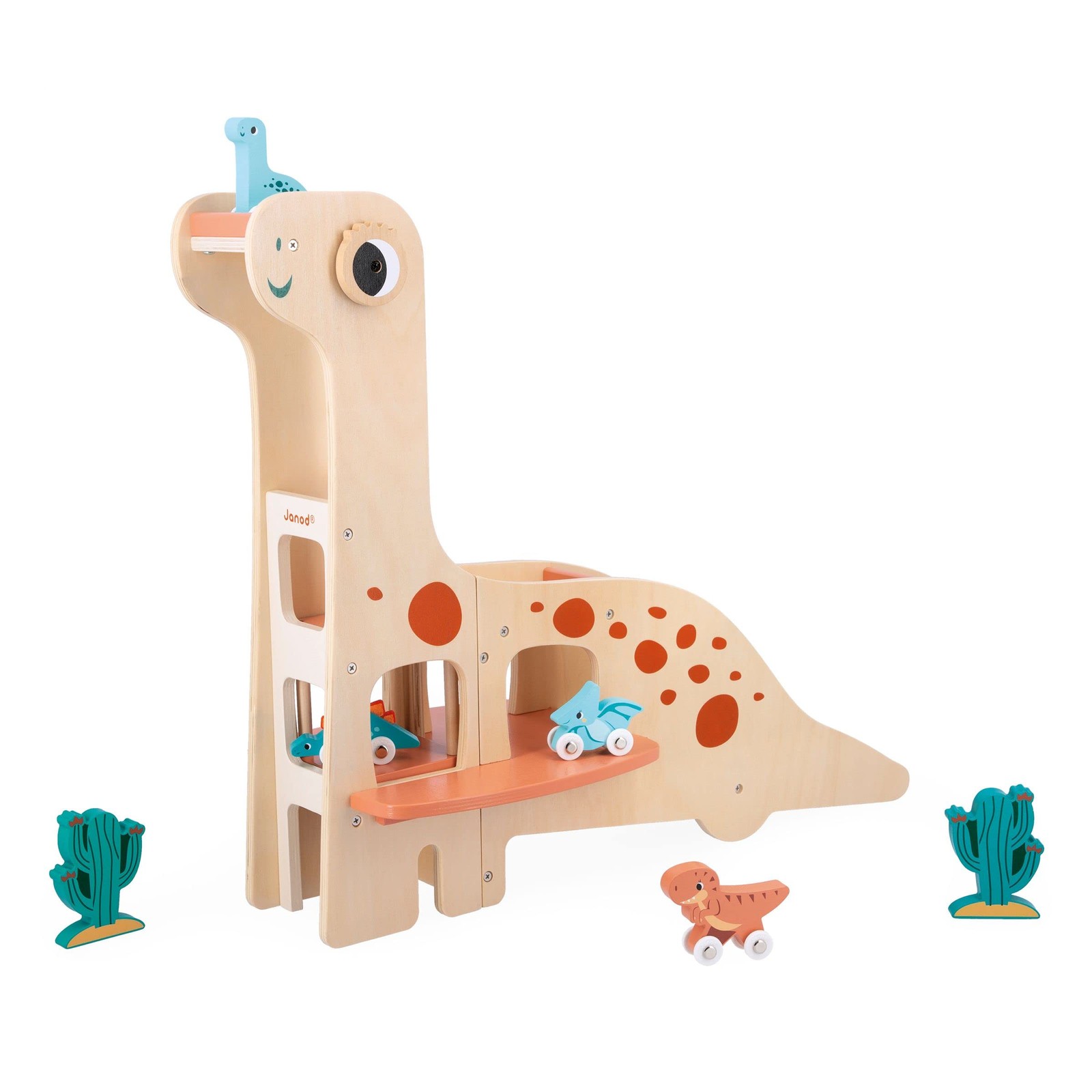 Janod Dino Garage Children’s Diplodocus 4 Push-Along Dinosaurs and 2 Cacti-Devel