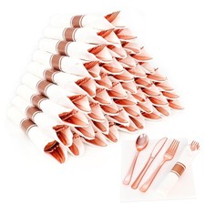 50 Pack Pre Rolled Rose Gold Plastic Silverware Set,Wrapped Plastic Cutlery S...