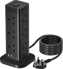 Original, Premium 12-Way Tower Extension Lead UK Plug, Surge Protection, + USB