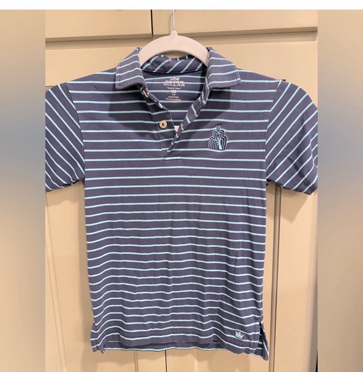 PETER MILLAR Polo Shirt Extra Small 5-6 SEASIDE Blue Stripe Polo Golf Cotton