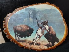 Vintage Native American Buffalo Hunt Wall Art on Wood Slab Western Rustic Decor