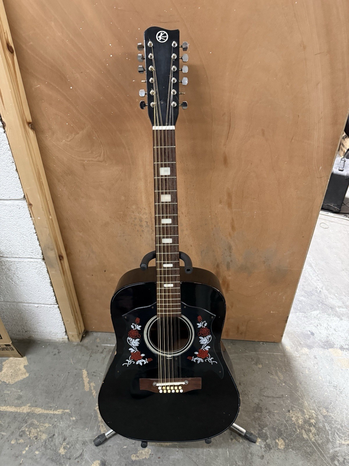 Kay acoustic guitar K-5012,  12 string full sized , black and rose design