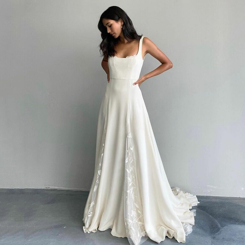 Elegant Wedding Dresses Square Neck Beach Bride Dress Lace Applique Bridal  Gown | eBay