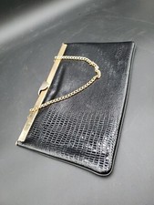 Vintage Faux Reptile Leather Black Clutch Purse Handbag Deco gold plate latch