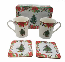 Spode Christmas Tree 2020 Annual 5 Piece 2 Mugs and Tin Set Poinsettias Design