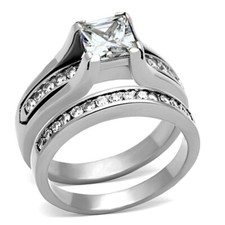 CLEARANCE------SILVER TONE PRINCESS CUT CZ ENGAGEMENT WEDDING RING SET SZ 5 -11