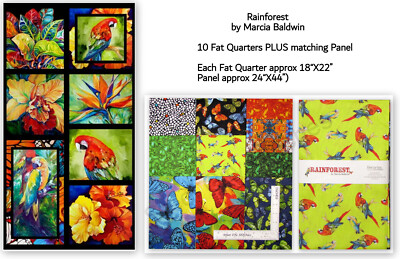 Rainforest Parrot Bird Fabric Cotton Benartex 10 Fat Quarters PLUS Panel Set