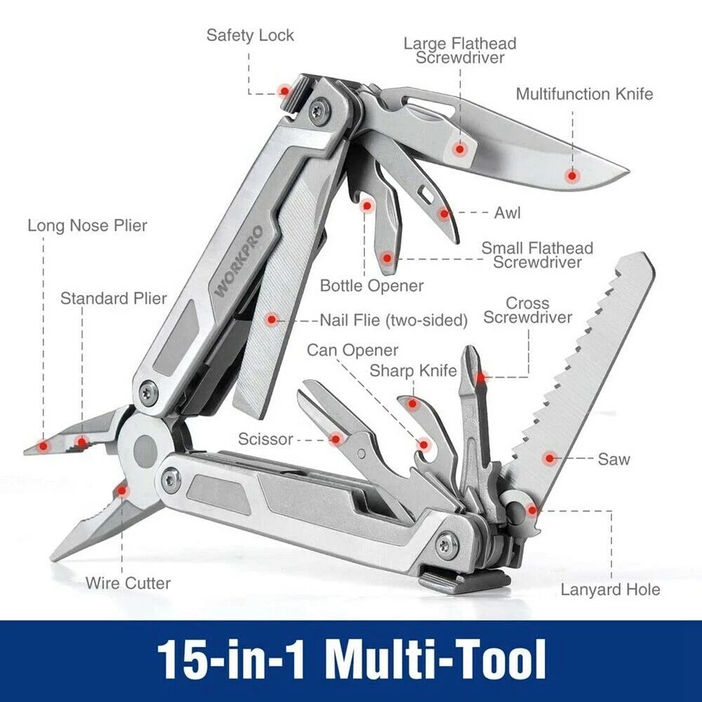 21-in-1 Multi Tool Pocket Knife with Safety Lock, Pliers, Sheath & 15 Functions