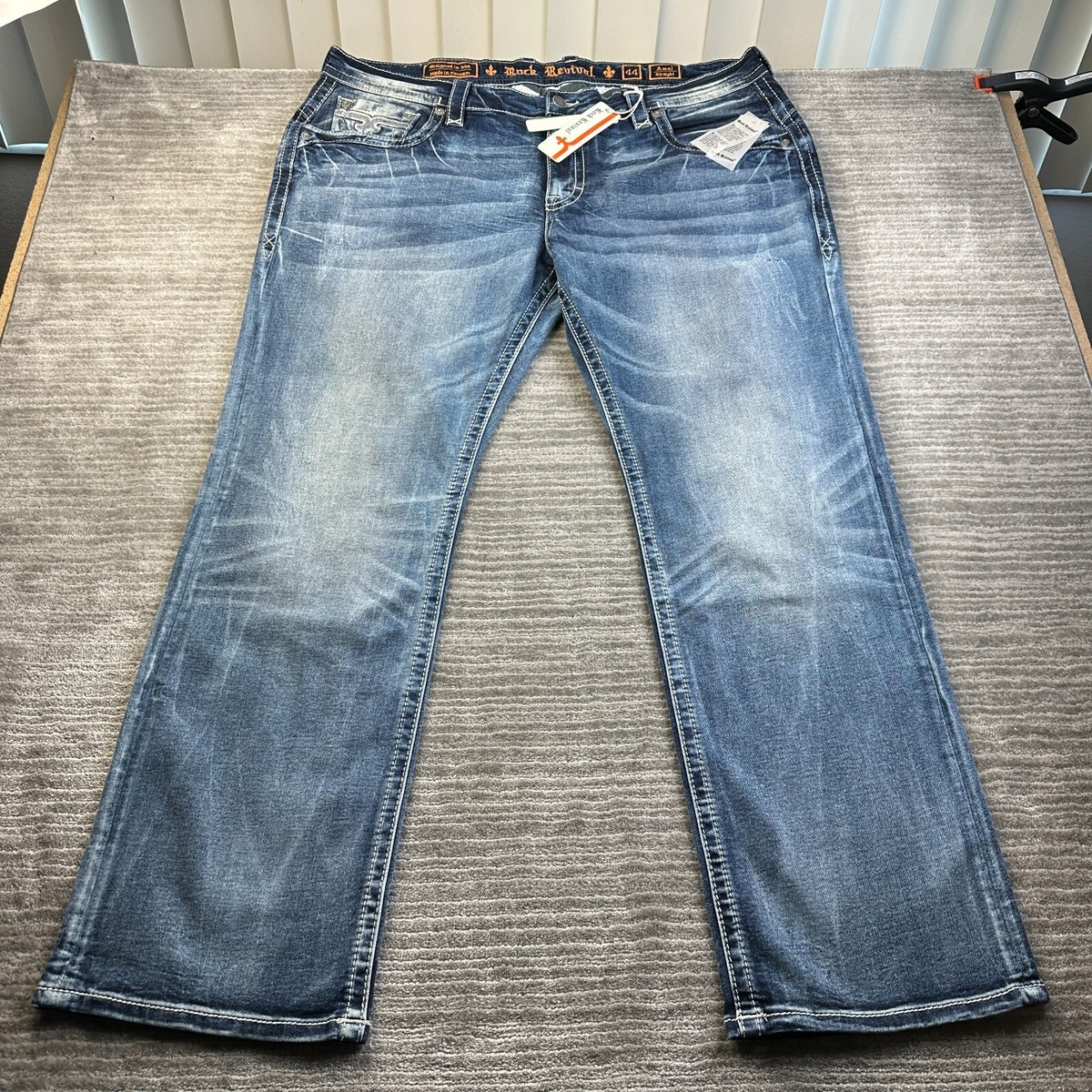 NEW Rock Revival Jeans Mens 44x33 Blue Denim Pants Amal Straight