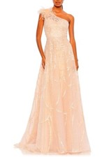 Mac Duggal Peach Embroidered Beaded One-Shoulder Feather A-Line Gown 16 $798