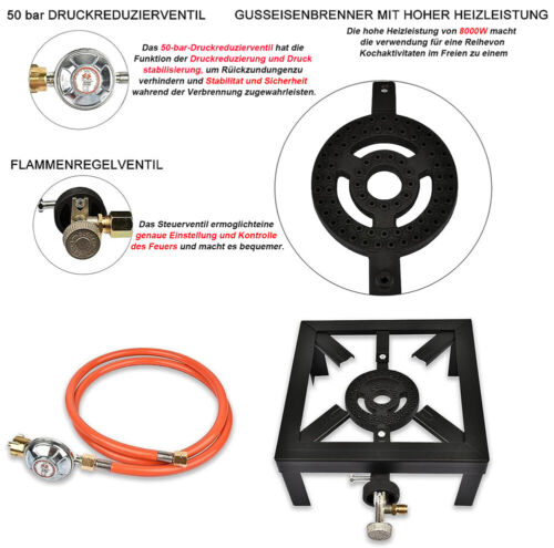 Hockerkocher Gaskocher Gasbrenner Campingkocher Wok 8kW Schlauch Druckminderer - Bild 6 von 17