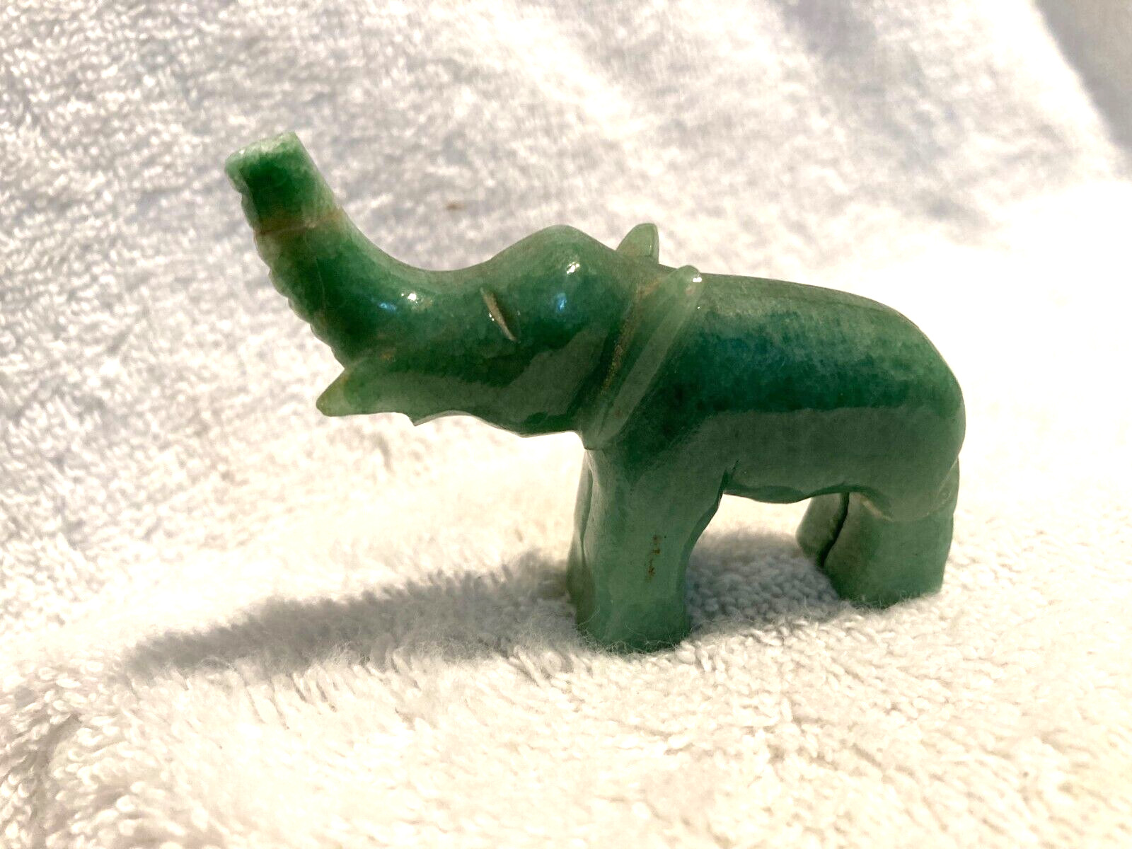 Green Aventurine Hand Carved Elephant Figurine 2 1/4" Tx 2 3/4" x 3/4" Good Luck