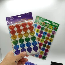 Vintage NEW 2 Heart Happy Face sparkly glitter prism Stickers Prismatic