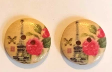 2 Eiffel Tower Floral Sewing Buttons Crafting 2 Hole Wood .75"  