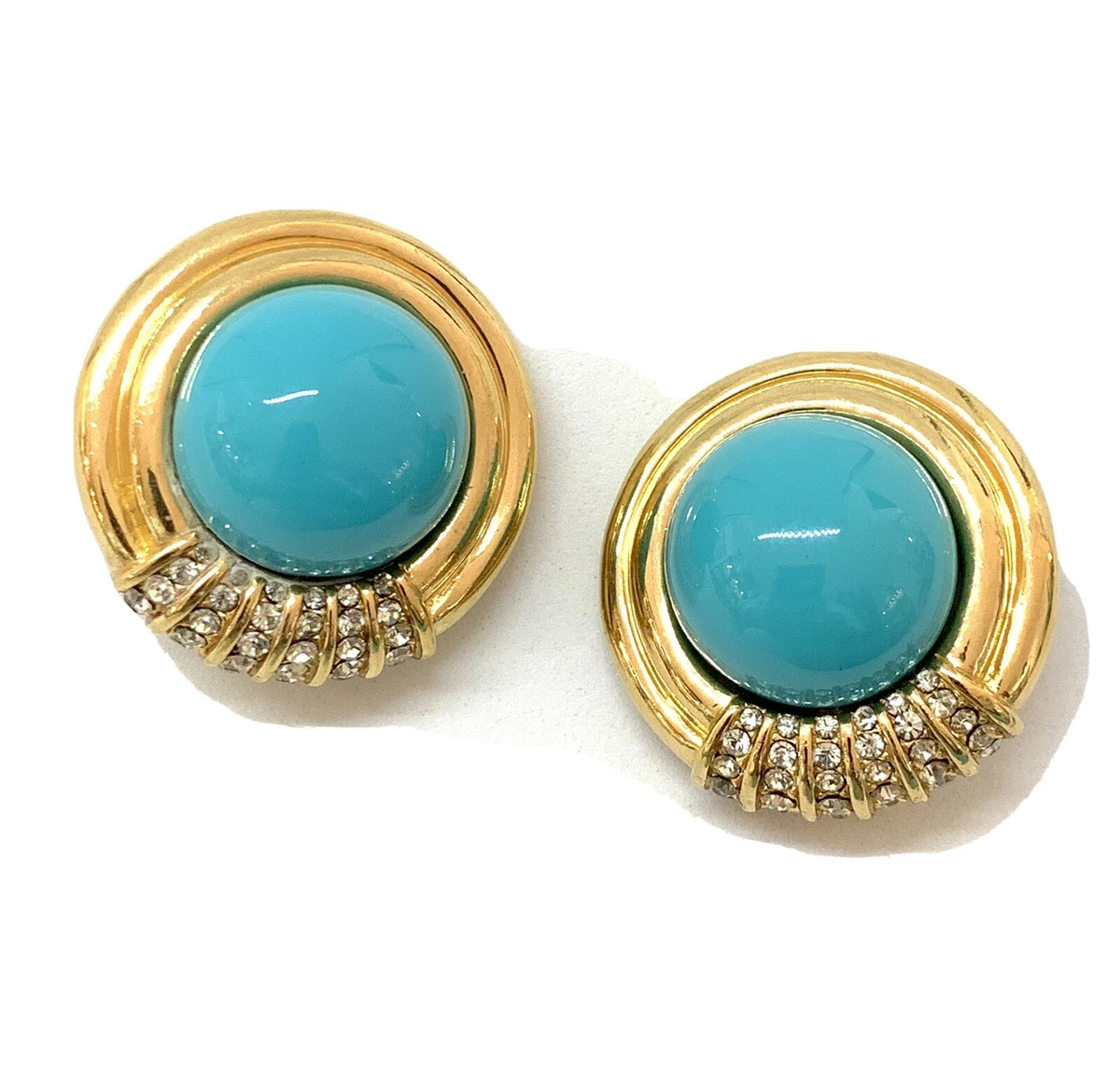 Vintage Ciner Large Turquoise Color Cabochon Earrings w Rhinestones Signed