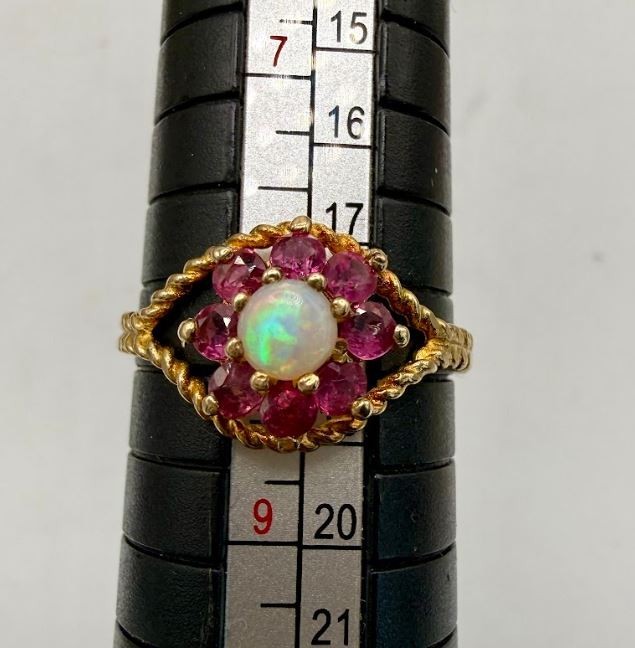 Vintage 9k Solid Yellow Gold Ruby Opal Flower Clu… - image 10
