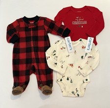 Carters Newborn Baby Boy Christmas Lot 3 PC Set Footed Pajamas Bodysuits New