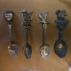 Lot of 4 Vintage American Pewter Souvenir Spoons Fort Gish NH MO FL SC