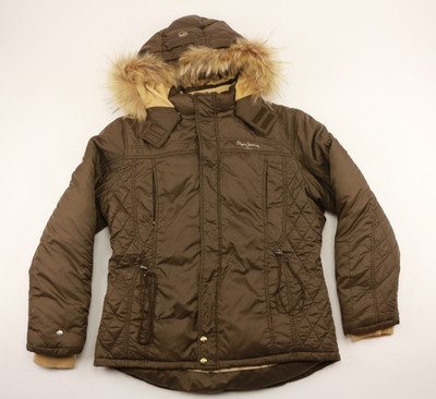 Vintage Brown Pepe Jeans London Down/Feather Coyote Fur Puffer Jacket Size 2XL