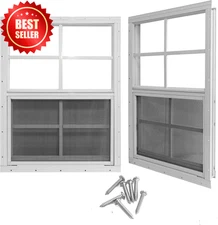 2 Pack 24x27 Shed Windows Tempered Glass with Screen Sliding White Chicken Coop