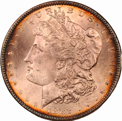 1882 Morgan Silver Dollar $1 MS Double Sided Edge Toning Orange / Teal