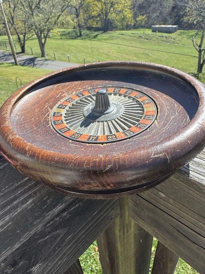 "Rueda de ruleta de madera vintage de mediados de siglo giratoria de metal juego de casino de 9""" Foto 4 de 4