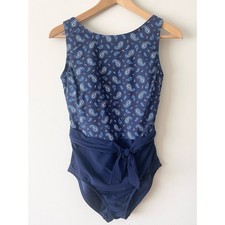 Lands  End Navy Paisley One-Piece Swimsuit with Waist Tie size 10