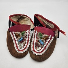 1920's Iroquois Native American Moccasins Floral Beaded Hide w Cloth Niagara