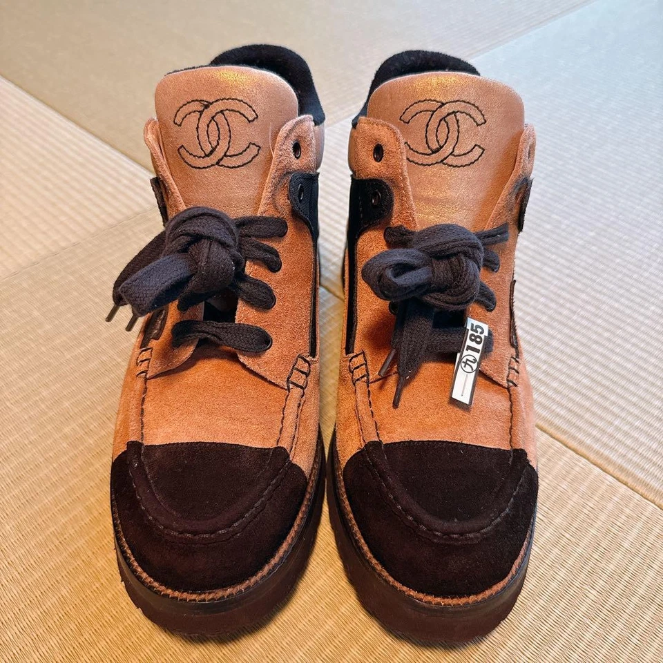 CHANEL COCO MARK Baskets En Daim Femme Beige Brun Authentique - Photo 1/4