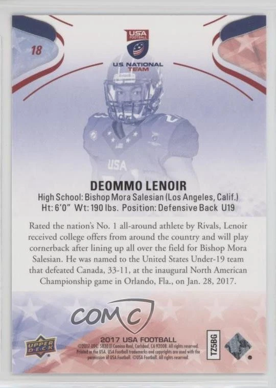 2017 Upper Deck USA Football Blue Border Deommo Lenoir #18 - Image 2 of 2
