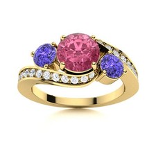 Round Pink Topaz  Tanzanite 925 Sterling Silver Gold Plated Three Stone Ring