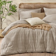 Queen Comforter Set, 7 Pieces Oatmeal Seersucker Bed in a Bag Queen Size Soft...
