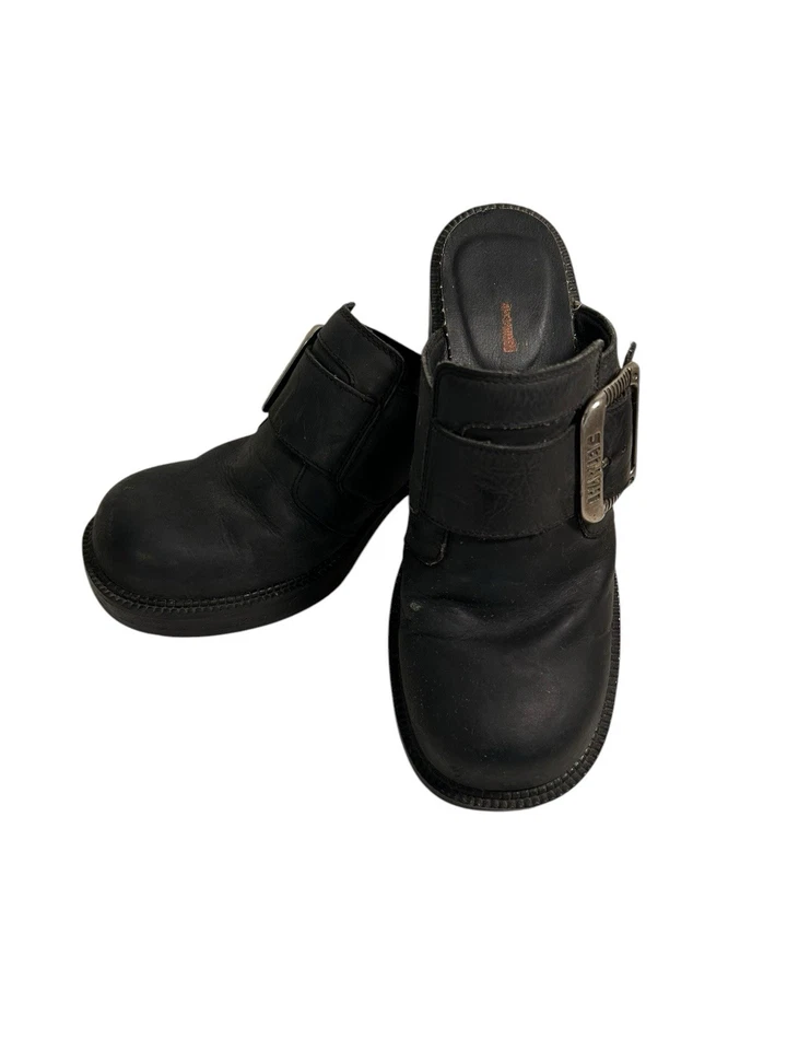 Harley Davidson Clogs 9 Black Leather Buckle Mules Chunky Heel Festival READ - Image 2 of 4
