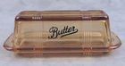PINK AMBER GLASS LIDDED CRISS CROSS BUTTER DISH for 1/4 lb. Stick
